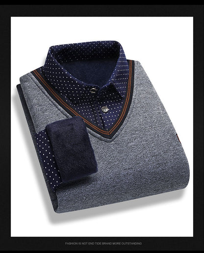 Men's Fleece Lining Sweater Autumn Winter Pullover Polo Shirt Collar Fake Two Piece Thick Warm Top Clothes Casual Knitwear