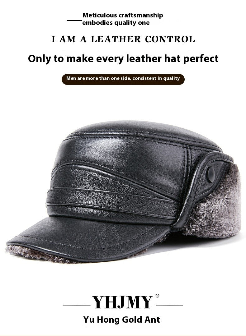 Men's Genuine Leather Duckbill Hat Winter Thickened Warm Outdoor Earflap Cotton Cap Elderly Real Leather Hat Cowhide Warm