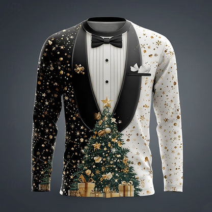2025 Christmas Men's Christmas Costume Tuxedo T Shirt Long Sleeve T shirts 3D Print Crew Neck Shirt Daily Vacation Party Wear