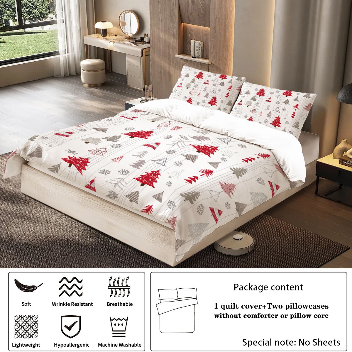 3-piece Christmas themed Christmas tree pattern print (1 duvet cover+2 pillowcases, no core) comfortable bedding set