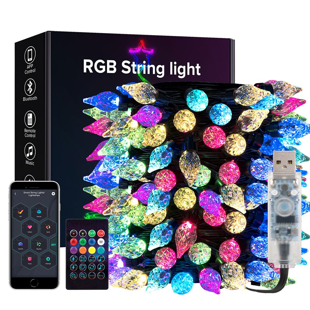 USB Christmas Lights String 5m 10m Bluetooth Music APP Remote DC5V WS2812B Party Wedding Garden Backyard Star Rugby Strawberries