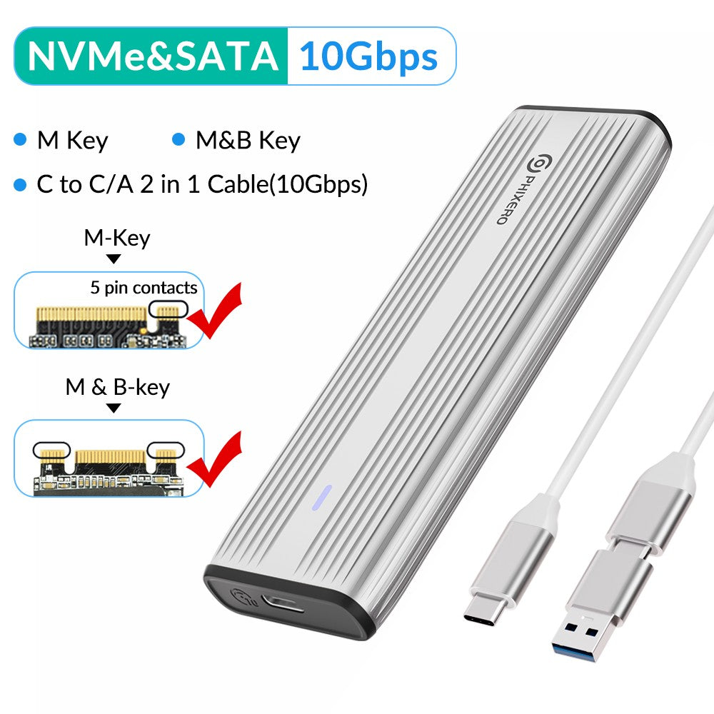 PHIXERO M.2 NVMe SATA SSD Enclosure Duplo Protocolo NVMe para Adaptador USB 10Gbps USB 3.1 Gen2 USB C Case Externo Liga de Alumínio