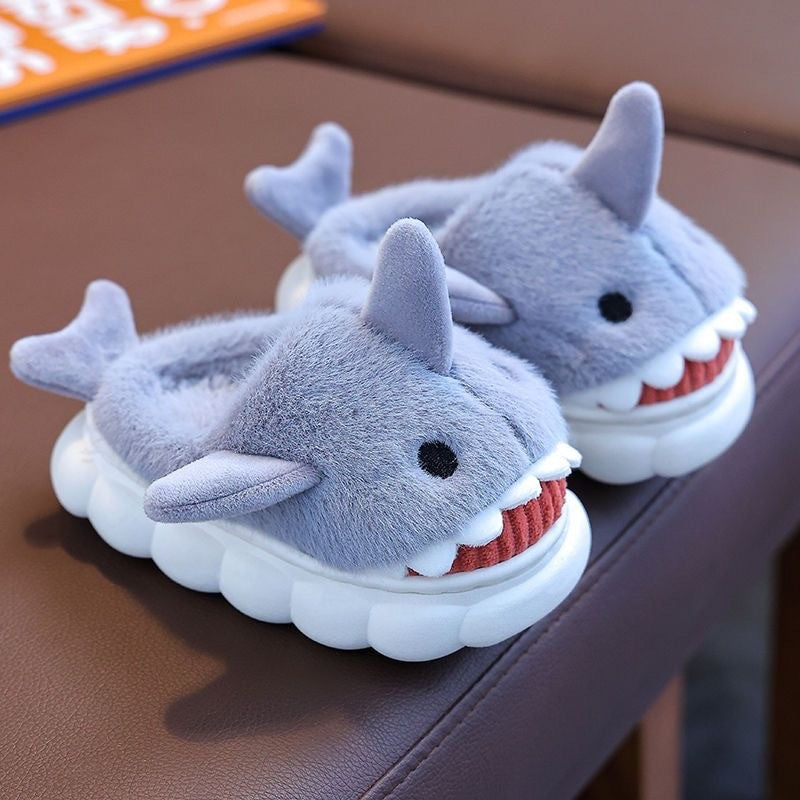 Winter Heel Wrap Cotton Children's Slippers Cute Cartoon Shark Non-slip Soft Sole Kids Boys Girls Junior Warm Plush Home Shoes