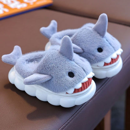 Winter Heel Wrap Cotton Children's Slippers Cute Cartoon Shark Non-slip Soft Sole Kids Boys Girls Junior Warm Plush Home Shoes