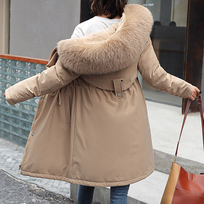 Ladies' Casual Warm And Versatile Large Fur Collar Solid Color Thick Cotton Coat Jacket For Outdoor Daily Wear