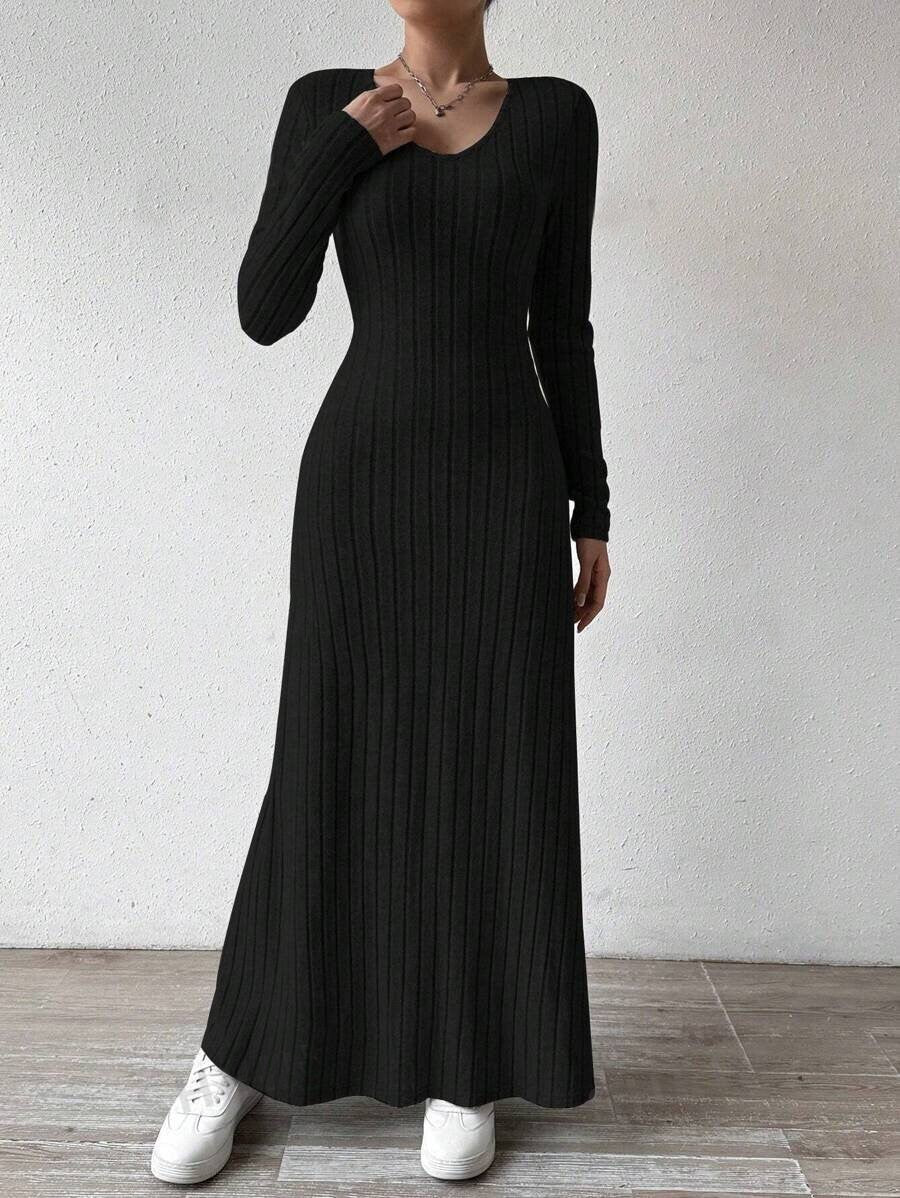 2025 Fashionable Knitted Long Sleeve A- Line Streetwear Dress For Women Smooths And Slims Your Silhouette Solid Color Long Dress