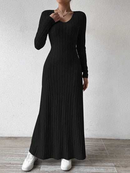 2025 Fashionable Knitted Long Sleeve A- Line Streetwear Dress For Women Smooths And Slims Your Silhouette Solid Color Long Dress