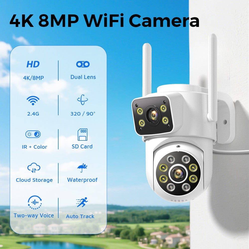 8MP 4K Wifi PTZ Camera Dual Lens Dual Screens Surveillance Camera Outdoor 2MP 4MP HD Night Vision Home Security Camera ICSEE APP