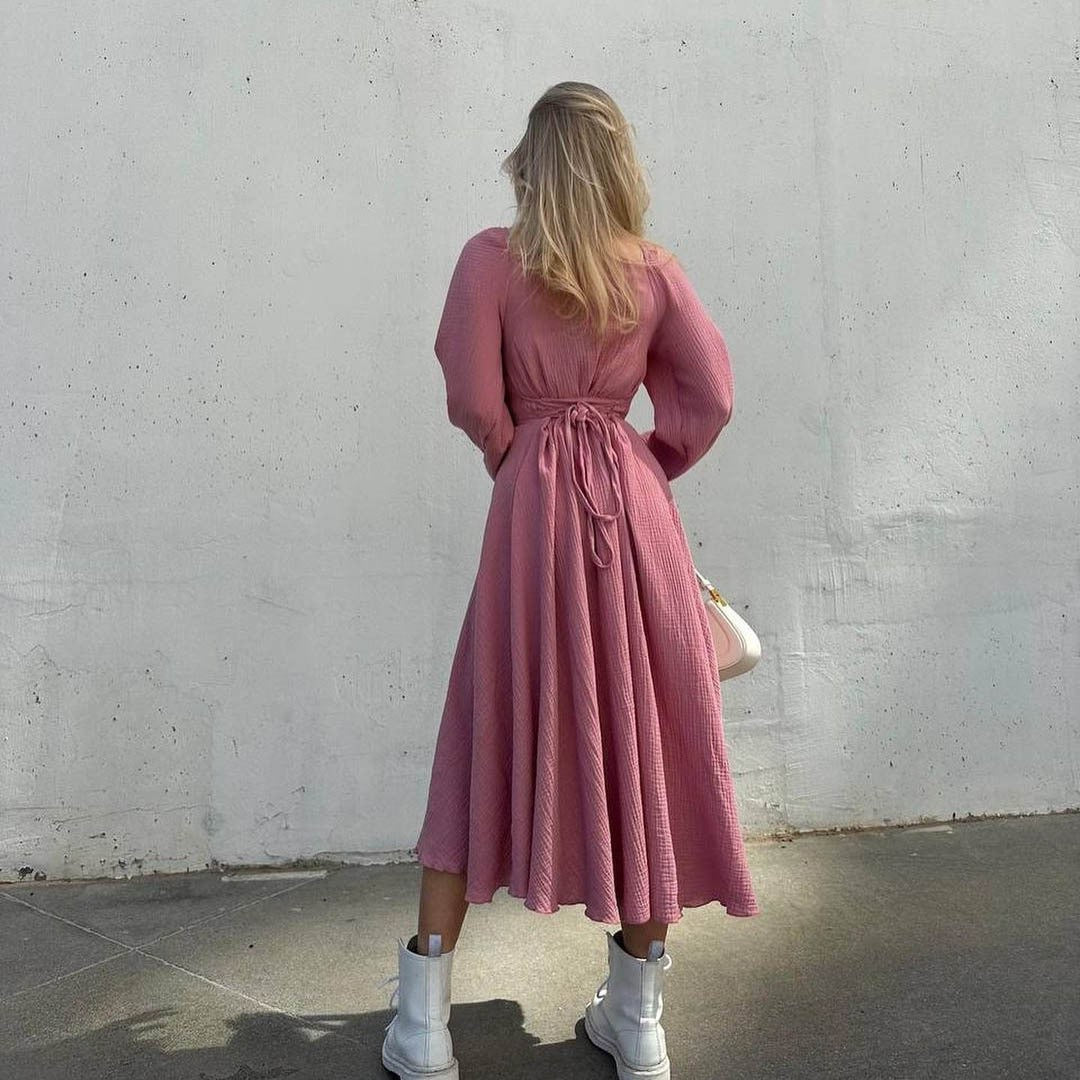 Lace-up Square Collar Sexy Dress Women Autumn Lantern Sleeve Solid Cotton Slit R