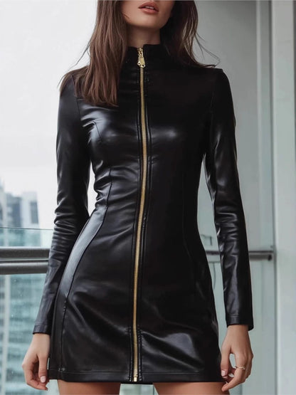Women Pu Leather Sexy Fashion Dress Slim Long Sleeve Hip Covering Black Casual Dress New Autumn Elegant Mini Dresses Robe Femme