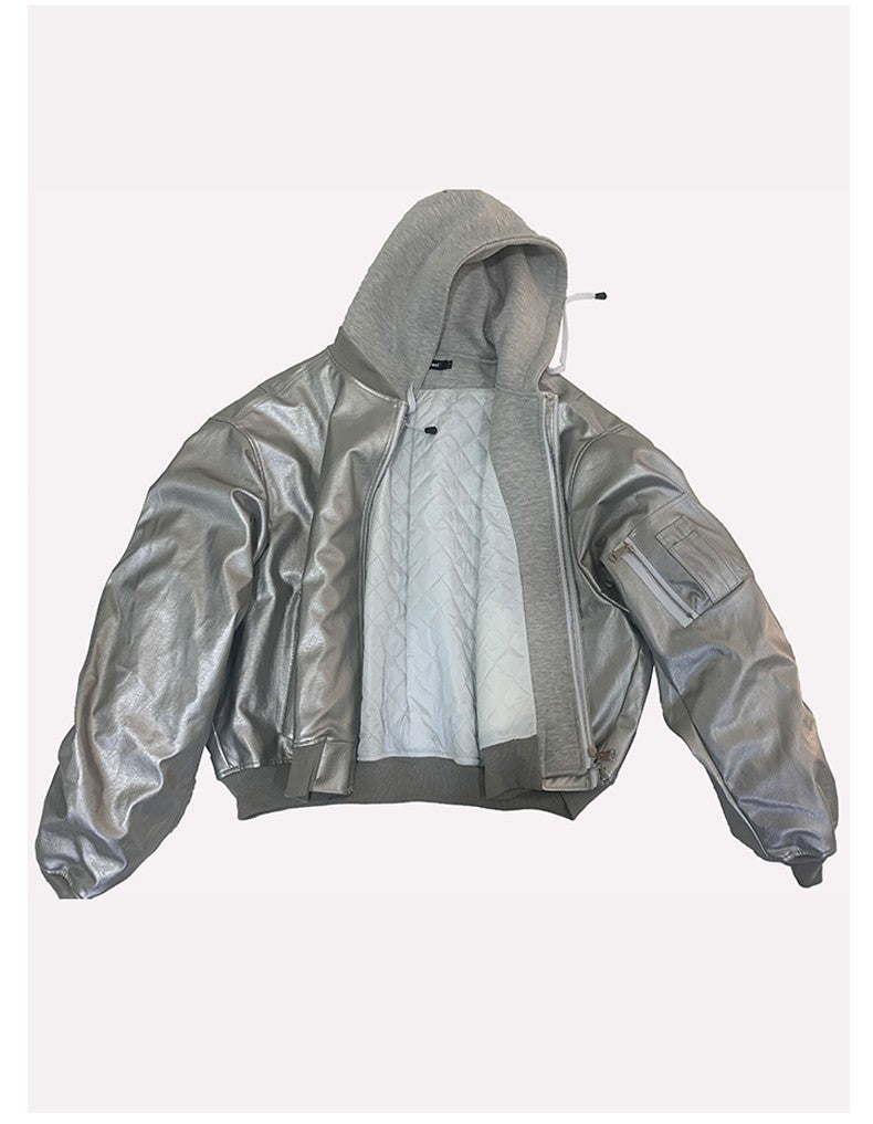 Mauroicardi Autumn Winter Oversized Cool Black Thickened Warm Pu Leather Bomber Jacket Men Hood Luxury Designer Fake 2 Clothes