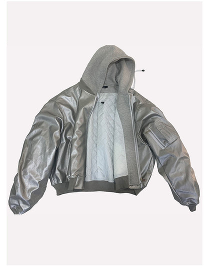 Mauroicardi Autumn Winter Oversized Cool Black Thickened Warm Pu Leather Bomber Jacket Men Hood Luxury Designer Fake 2 Clothes