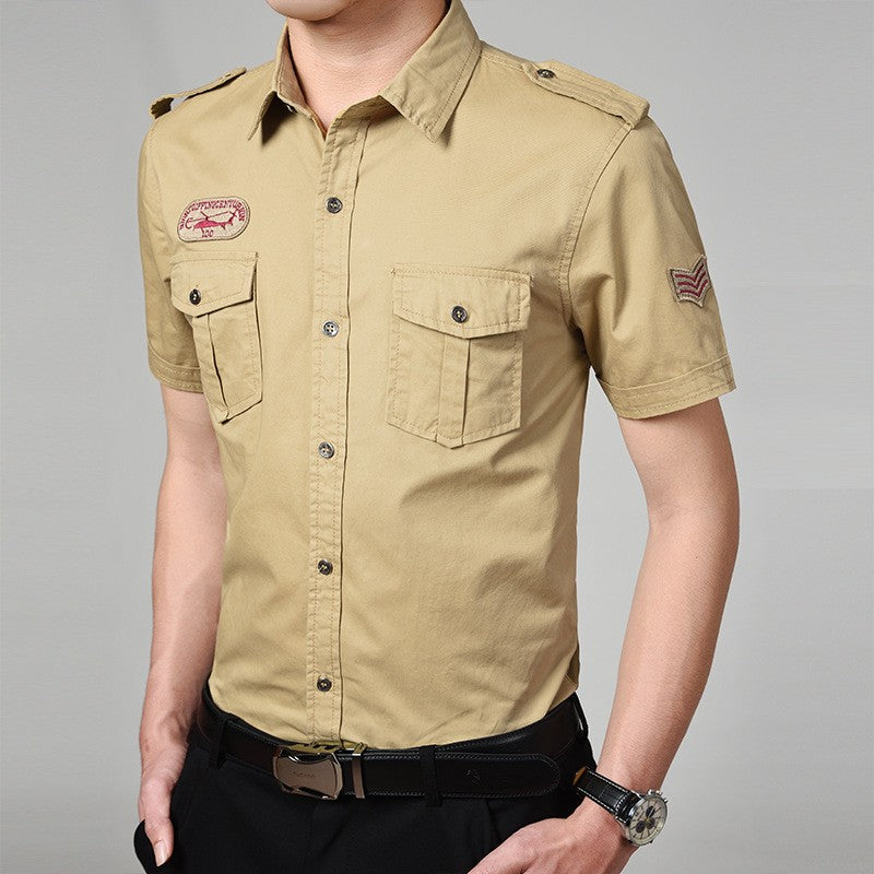 Men Cargo Shirts Summer Military Cotton Short Sleeve Shirts Retro Slim Fit With Pocket Epaulets Half Sleeve Shirts Drop Shipping
