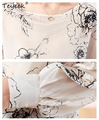 Tcyeek, 100%Real Silk Elegant Shirt, Women Long Sleeve ONeck Printed, Loose Fashion OL Blouses, 2024 Summer Autumn T47116QM