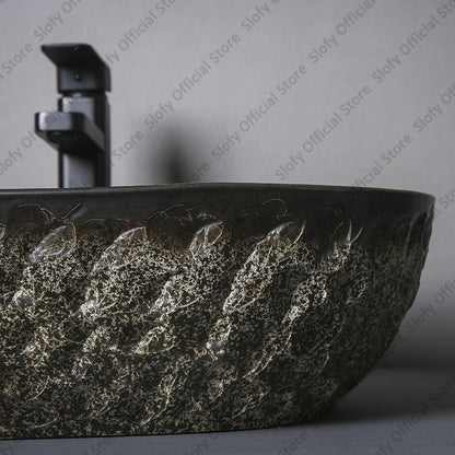 Vintage Style Ceramic Washbasin Black Artistic Hotel Family Bathroom Sink Basins Large Oval Balcony Garden Outdoor Washing Basin