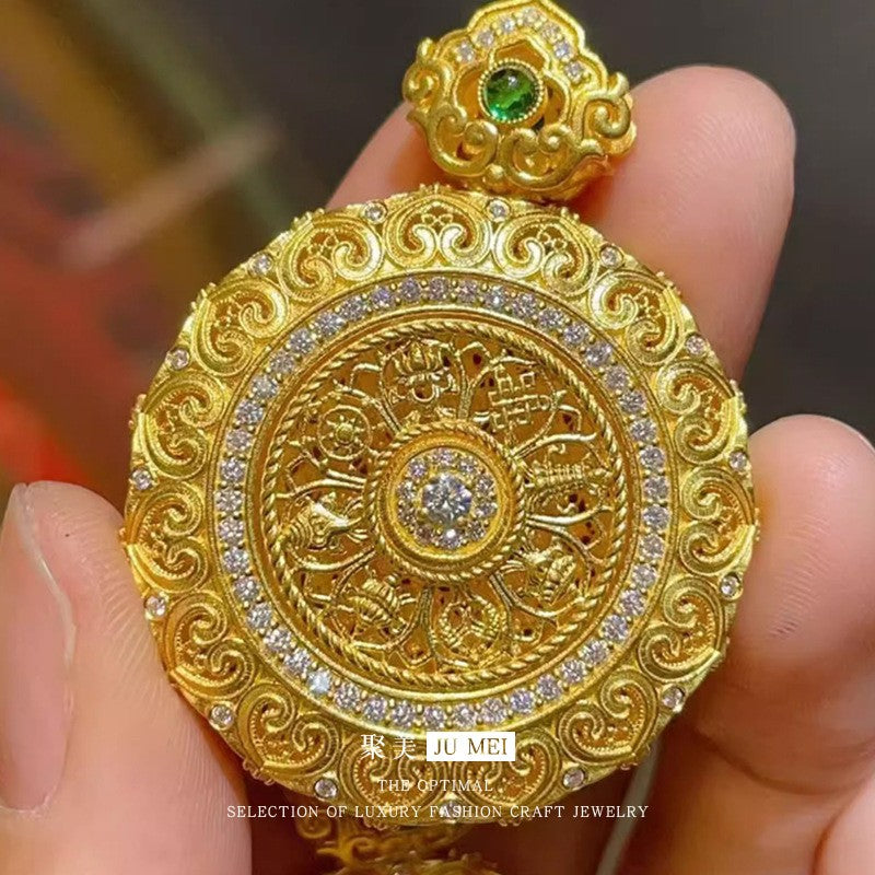 Gold shop 9999 24K real gold Chinese large rotating filigree Ruyi dot diamond eight treasure compass pendant weaving rope