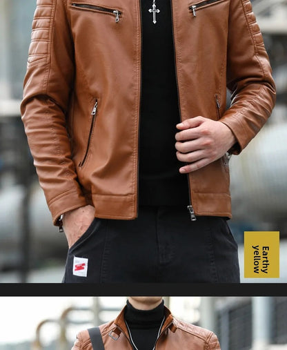 Men's Fleece Lined Biker Jacket Stand Collar Casual Versatile Spring Autumn Leather Coat for Students Fashionable Outerwear