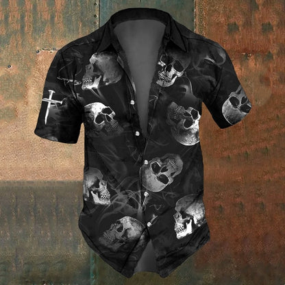 Retro Men's Shirts Small Skull Print Short Sleeve Loose Oversized Hawaiian Shirt Fashion Man Clothes Skull Black Shirts For Men