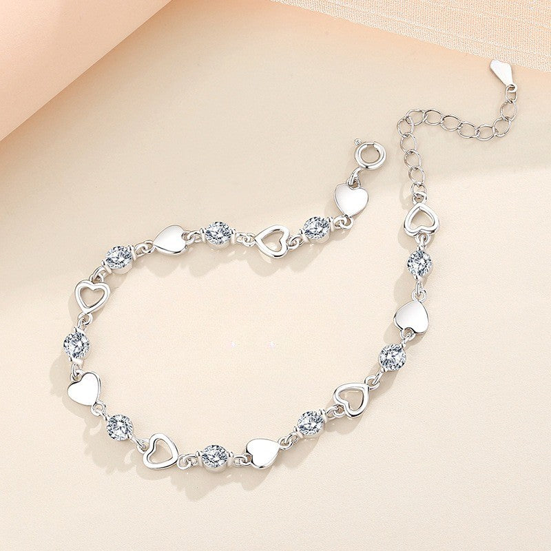 Pulseira Coração Prata 925 Esterlina Feminina Retro Coreana Versátil Zircônia Charme Pulseiras Original Festa Joias Presentes