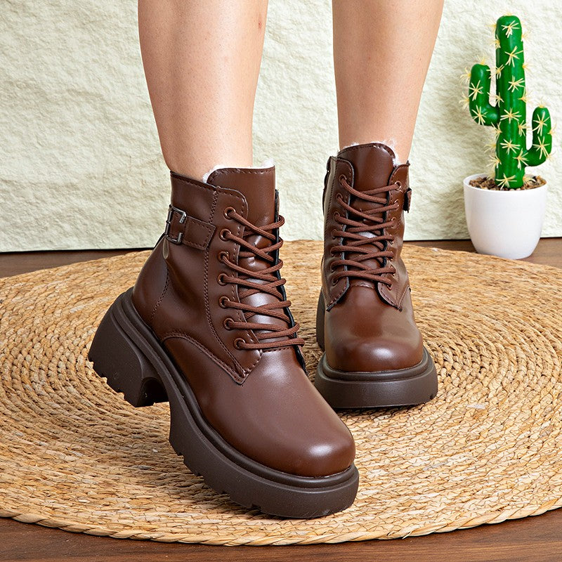 Brown Retro  Boots For Women British Style2025Autumn And Winter New Thick-Soled Height-Increasing Short Boots With