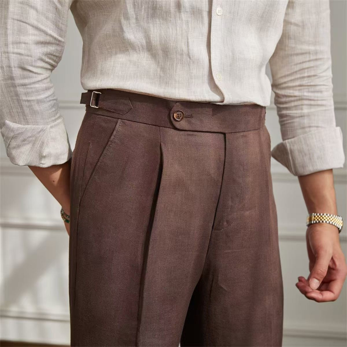 Spring Autumn Men 100% Linen Italian Naples Pants High Waist Straight Suit Trousers Fashion Lightweight Breathable Casual Pants