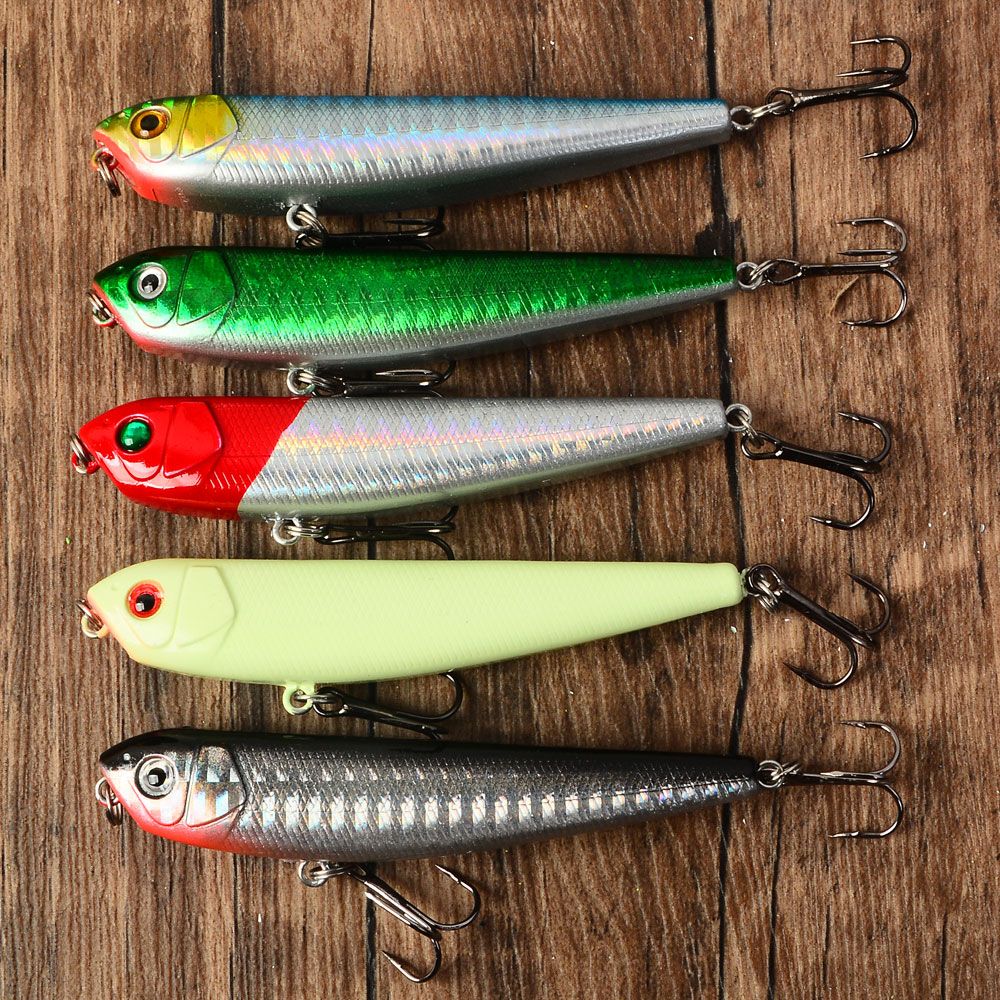 5 unidades de isca flutuante tipo lápis, isca de superfície 3D, isca artificial com anzol, equipamento de pesca Wobbler Cranbait