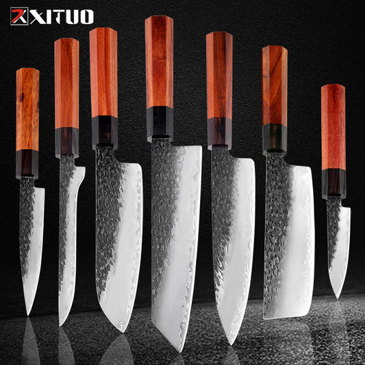 1-7 PCS Knife Set,Professional 3-Layer Composite Steel Kitchen Knives Set,Ultra Sharp Japanese Chef Knife with Octagonal Handle