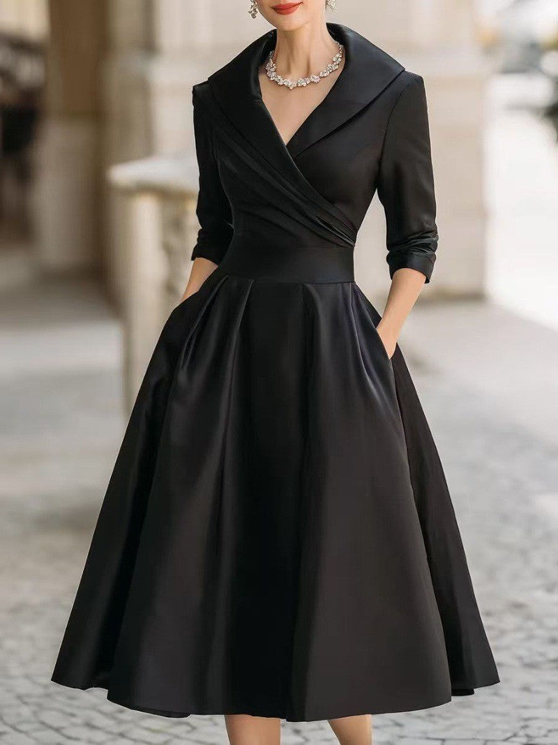 Elegant Wedding Guest Dress Women Turndown Collar Mid-Length Waisted A-Line Satin Evening Dress Cocktail Party Midi Dresses
