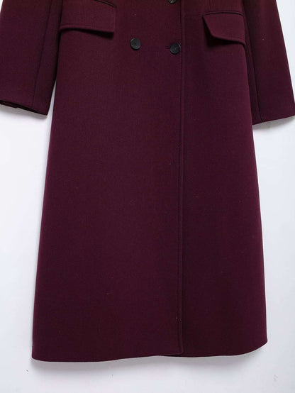 HH Women Fashion Burgundy Woolen Coat Double Breasted Long Sleeve Lapel Blends Jacket Autumn Winter High Street Outerwear