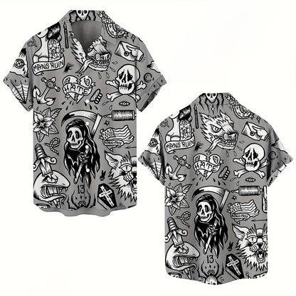 3D Skull Print Hawaiian Shirt, Street Gothic Style, Retro Fashion Flip-Top Shirt, Casual Summer Shirt, Beach Comics Shirt