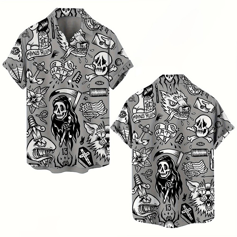 3D Skull Print Hawaiian Shirt, Street Gothic Style, Retro Fashion Flip-Top Shirt, Casual Summer Shirt, Beach Comics Shirt