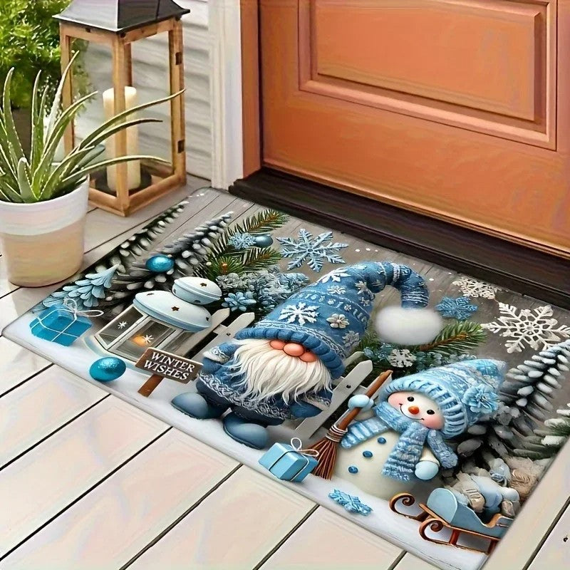 VIKAMA Christmas Gnome Blue Decorative Rug Living Room, Bedroom & Entrance Door Mat Non-Slip, Stain-Resistant Home Decor Rug