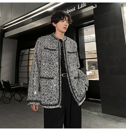 Korean Fashion Shiny Sequin Jacket Sliver Round Collar Long Sleeve Jackets Coats Autumn New Ladies Gentleman High Street