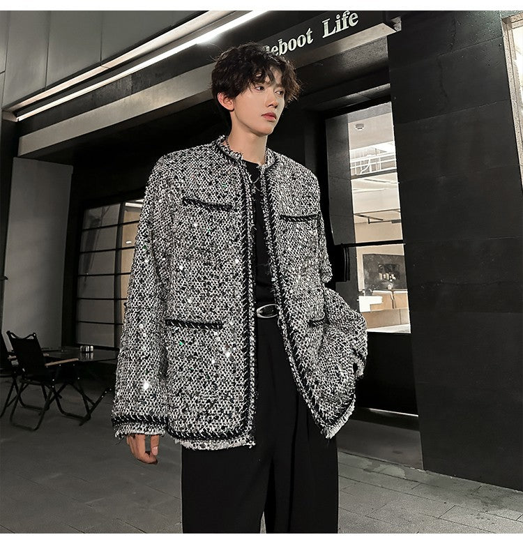 Korean Fashion Shiny Sequin Jacket Sliver Round Collar Long Sleeve Jackets Coats Autumn New Ladies Gentleman High Street