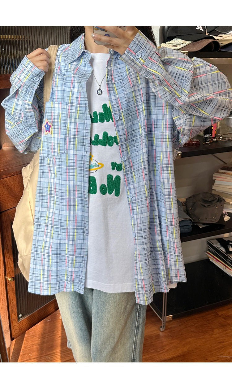 Ice Blue Plaid Long Sleeve Shirt Unisex Premium Cleanfit Denim Fabric V-neck Open Cardigan Style Holiday Vibes Short Length