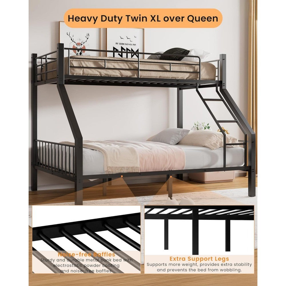 Twin XL Over Queen Bunk Bed, Heavy Duty Bunk Bed with Safety Ladder and Full-Length Guardrails, Metal Queen Bed Frame