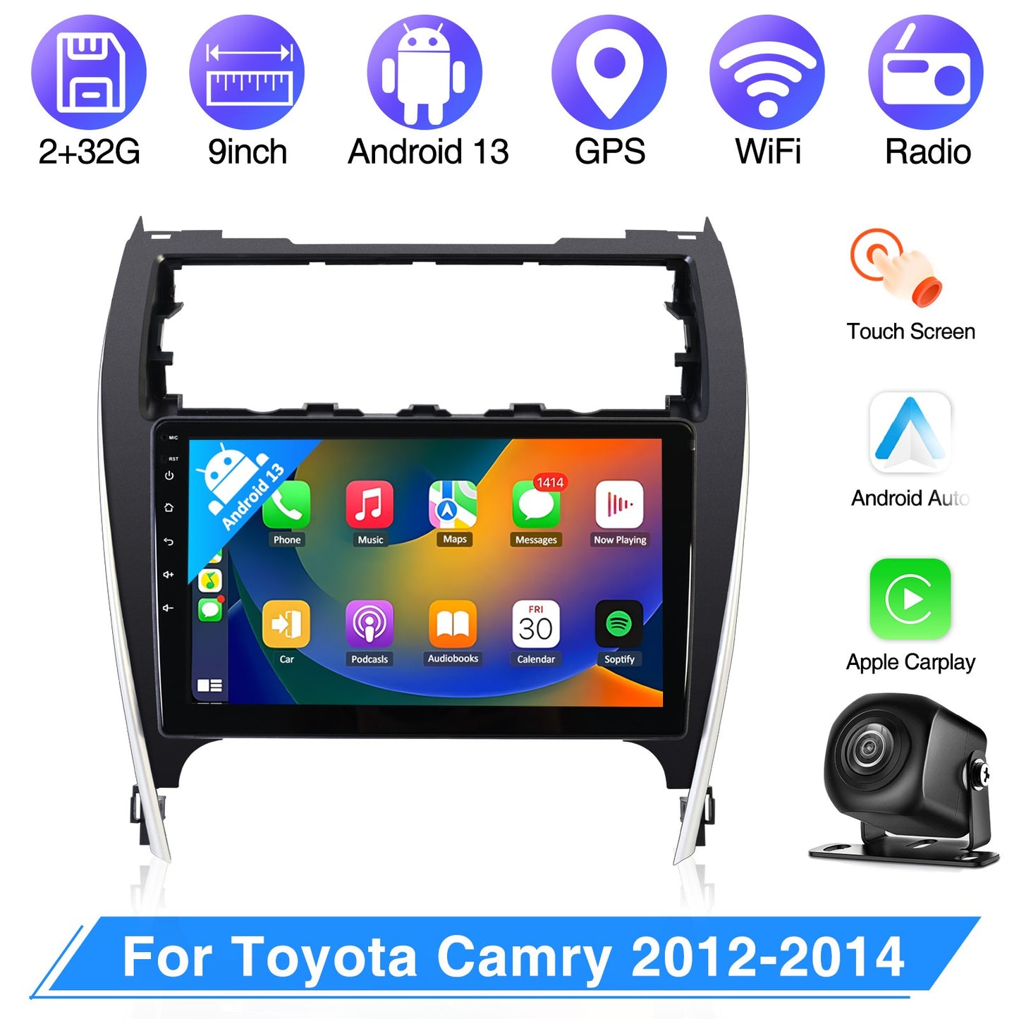 10.1 Inch Car Radio Stereo For 2012-2014 Toyota Camry Wireless CarPlay 1080P Android 13 GPS Navigation AHD Camera Microphone