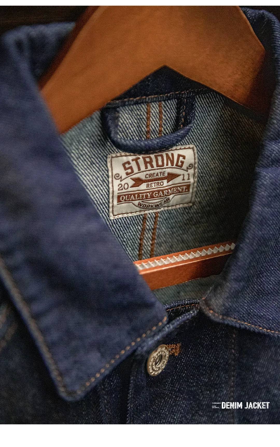 Maden Vintage 12.8oz Heavyweight Denim Jacket Embroidered Badge Washed Lapel Casual Outerwear for Men Spring and Fall Chore Coat