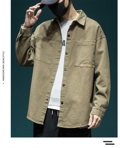 Autumn Men's Long Sleeve Cargo Shirt Casual Korean Fashion Oversize Blouses Hombre 2025 New High Street Y2K T Shirt Baggy Jacket