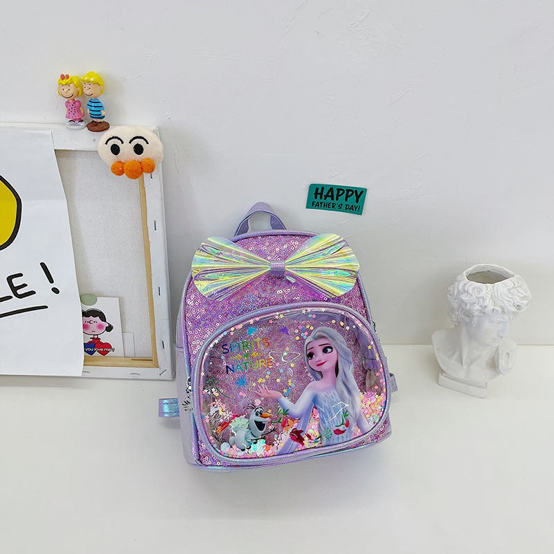 Mochila Mini de Glitter Princesa Elsa de Frozen da Disney, Linda com Laço de Lantejoulas, Bolsa Escolar de Jardim de Infância para Meninas, Desenho Animado Infantil, Mochila de Ombro Duplo