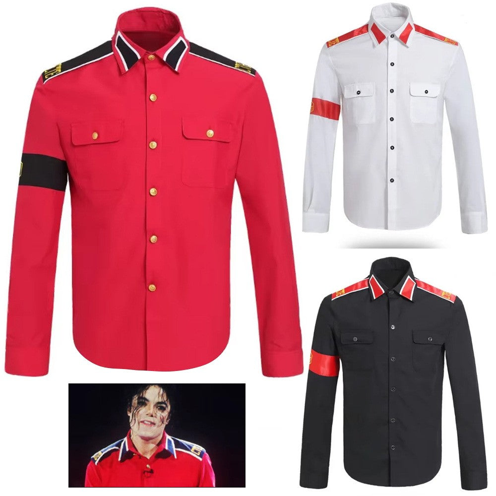 Michael Jackson Anti-War Military Shirt Men's Vintage Button Up Shirt With Epaulets Iconic Pop Star Cosplay Costume Outfit