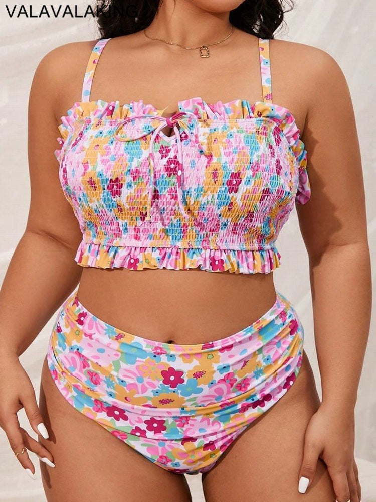 2025 Print 2 Piece Plus Size Bikini Women Verge Strapped Large Swimsuit High Waist Lady Swimwear Beach Chubby Curvy Bathing Suit