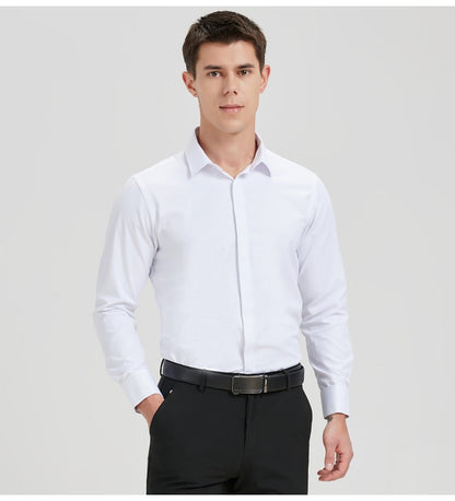 Men's Formal Long Sleeve Dressy Shirt Covered Buttons Front Placket Fits Comfortably French Cuffs Shirts Random Metal Cufflinks