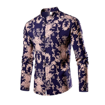 Chinese Style Men's Stand-up Collar Long-sleeved Shirt, Single-breasted Printed Shirts, Fashion Casual Camisas, Red Green Blue