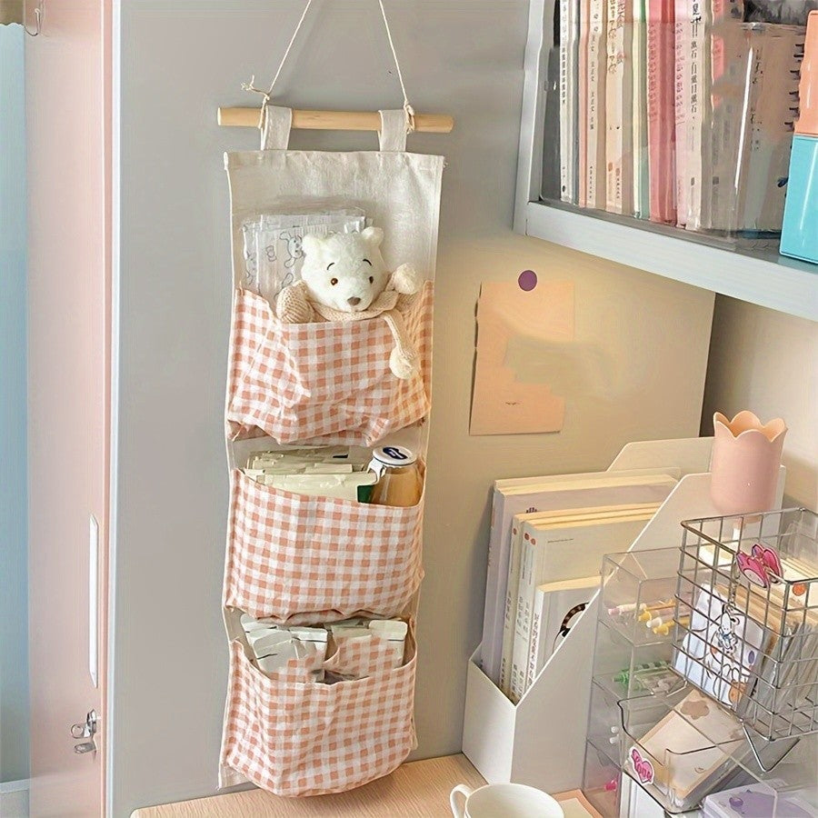 Multi-pocket Hanging Pink Checkered Storage Bag Fabric Hanging Bag Cute Pink Space Saving Style Bedroom Organizers and Storage