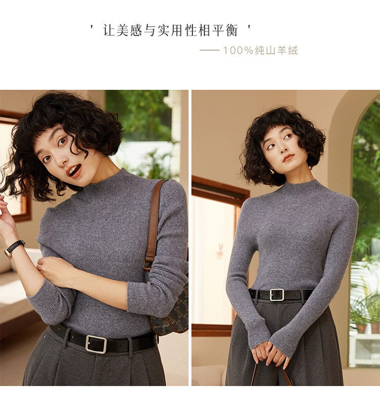 Autumn and winter new women's 100% pure cashmere semi high neck pullover sweater knitted slim fit hot selling women's top