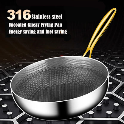 Panela Wok de Aço Inoxidável 316 Antiaderente Favo de Mel para Cozinhar Bife Fogão a Gás Panela de Indução Geral Utensílio de Cozinha