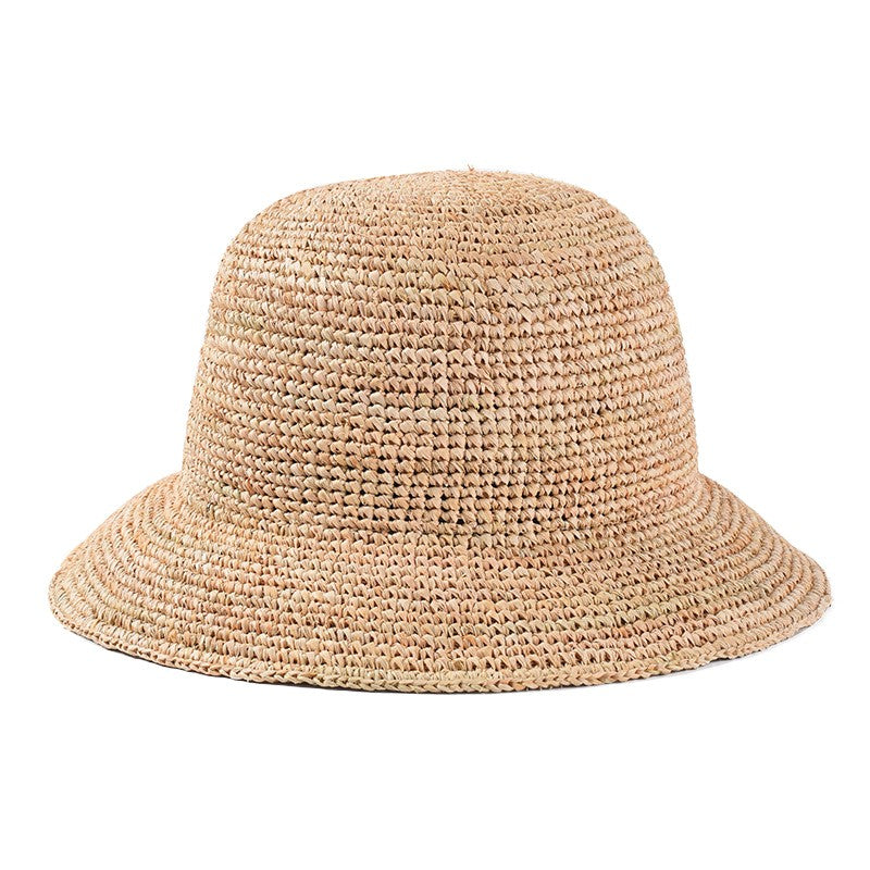 Chapéu de Balde de Crochê Feminino Feito à Mão de Palha de Ráfia Natural para Primavera Verão Praia Aba Larga Pescador