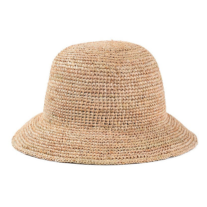 Chapéu de Balde de Crochê Feminino Feito à Mão de Palha de Ráfia Natural para Primavera Verão Praia Aba Larga Pescador
