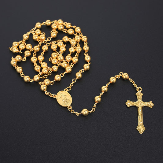 Silver Color Rosary Necklace For Women Men 6MM Metal Beads Long Chain Crucifix Cross Pendant Religious Prayer Party Jewelry Gift